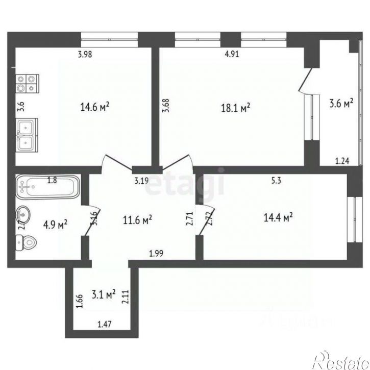 2-комн квартира Ягодная улица, 5 к1,  д. 5 к1